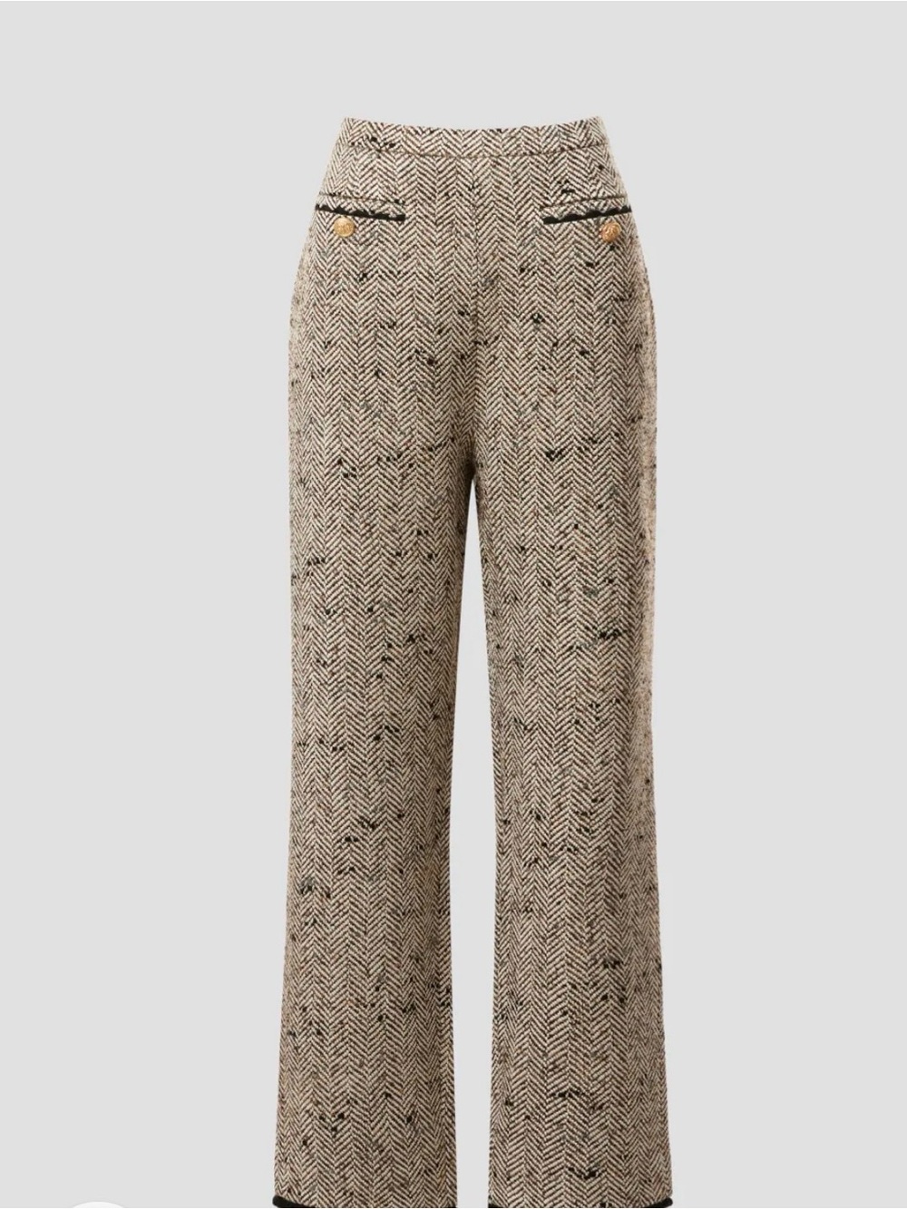 High-Waist Wide-Leg Tweed Pants - Beige Herringbone